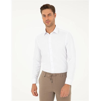 Beyaz Slim Fit Armürlü Uzun Kollu Gömlek