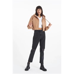 CROSS JEANS Ariana Siyah Dizi Kesikli Yüksek Bel Mom Fit Fermuarlı Jean Pantolon C 4525-056