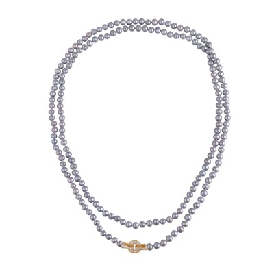 Колье (жемчуг серо-голубой 7-8мм, фианит; покрытие золото) 140см, Есть комплект