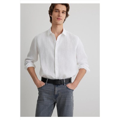 Mavi Beyaz Keten Gömlek Regular Fit / Normal Kesim 0210492-620