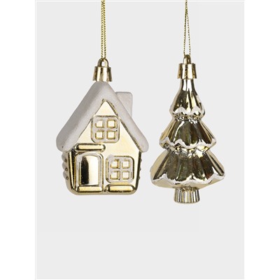 Набор елочных игрушек, 7 см, 2 шт, пластик, серебристо-золотистый, Домик и елка, New year