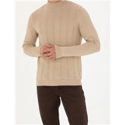 Bej Slim Fit Yarım Balıkçı Triko Kazak