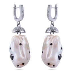 Серьги (жемчуг барочный белый, кристаллы черные; покрытие родий), Есть комплект