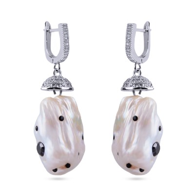 Серьги (жемчуг барочный белый, кристаллы черные; покрытие родий), Есть комплект