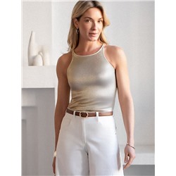 Топ с закрытым декольте из хлопка с эластаном в рубчик с матовым покрытием металлик