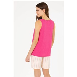 Kadın Fuşya Bisiklet Yaka Kolsuz Tişört