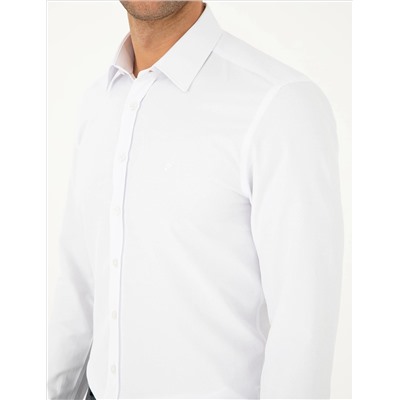Beyaz Slim Fit Armürlü Uzun Kollu Gömlek