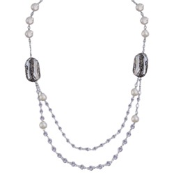 Колье (жемчуг барочный белый, кристаллы черные; покрытие родий) 95см, Есть комплект