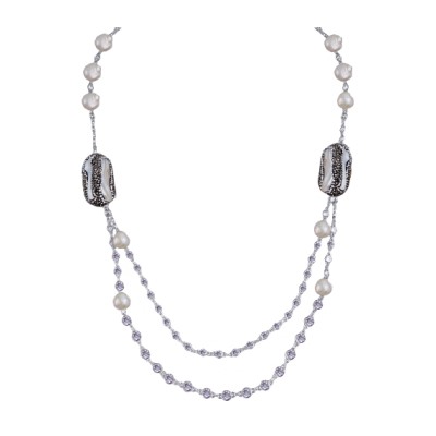 Колье (жемчуг барочный белый, кристаллы черные; покрытие родий) 95см, Есть комплект