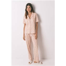 Pijama camisero 100% algodón flores naranja