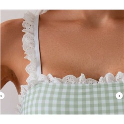 2pcs/Set Women's Green Plaid Random Floral Print Bowknot Collar Ruffle Hem Top And Shorts Set, Cute Minimalist Vest Bikini Outfit For Daily Wear For Summer Beach Vacation