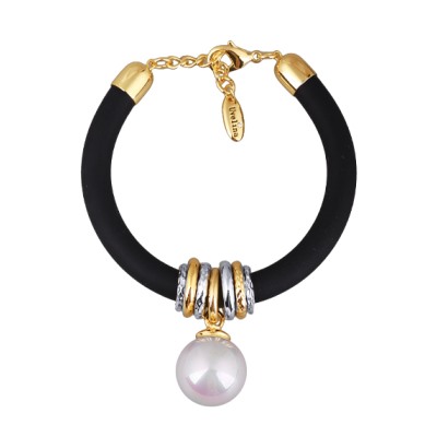 Браслет Гевея (Майорка 16мм белая, каучук черный; покрытие золото) 19-22см, Есть комплект