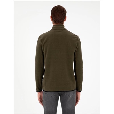 Haki Regular Fit Yarım Fermuarlı Polar Sweatshirt