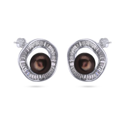 Серьги (жемчуг шоколад 9мм, фианит; покрытие родий), Есть комплект