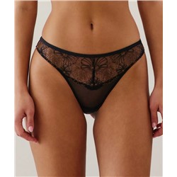 Tanga de malla con bordado floral en negro
