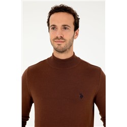 Erkek Slim Fit Yarım Boğazlı Kahverengi Basic Kazak