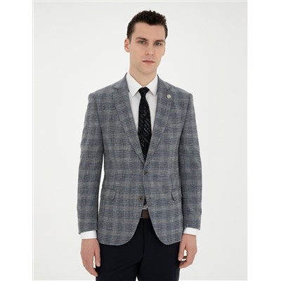 Gri Ex. Slim Fit Yün Karışımlı Ekose Ceket