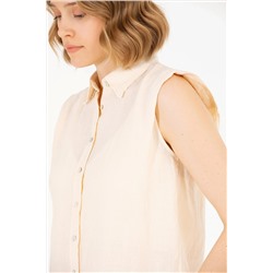 Kadın Krem Keten Görünümlü Kısa Kollu Gömlek