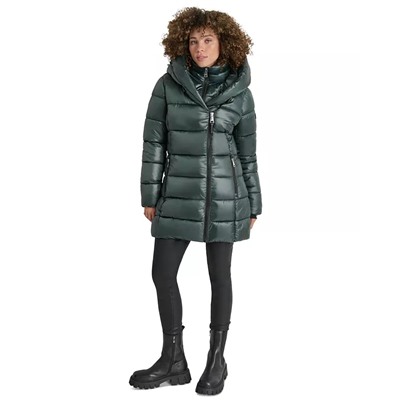 DKNY Women's Bibbed Shawl-Collar Packable Shine Puffer Coat