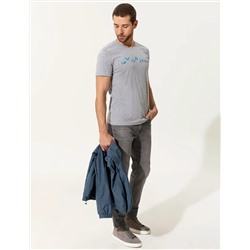 Açık Gri Melanj Slim Fit Baskılı Bisiklet Yaka Tişört