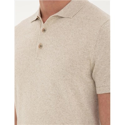 Bej Slim Fit Düğmeli Polo Yaka Keten Karışımlı Triko Tişört