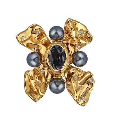 Брошь Грациоза (кристаллы SW темно-серые, Майорка; покрытие золото), Есть комплект