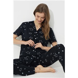 Siyah İnci Siyah Yıldız Desen Kısa Kollu Pamuklu Düğmeli Pijama Takımı 7610