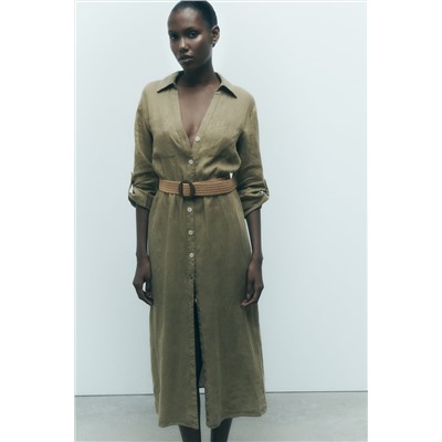 BELTED LINEN SHIRT DRESS