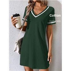 SHEIN LUNE Fashionable Casual V-Neck Color Block Knit Dress With Weave Belt, Black,Summer Dresses For Women