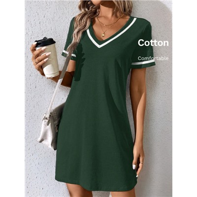 SHEIN LUNE Fashionable Casual V-Neck Color Block Knit Dress With Weave Belt, Black,Summer Dresses For Women