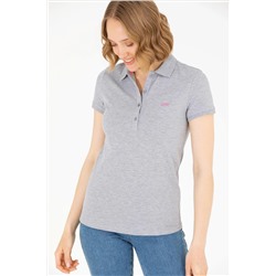 Kadın Gri Melanj Basic Polo Yaka Tişört