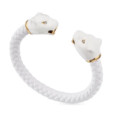 Браслет Пантера (эмаль белая, кожа белая, кристаллы SW белые; золото), Есть комплект