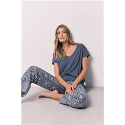 Pijama largo azul manga corta algodón estampado bandana