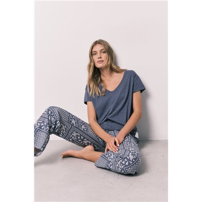 Pijama largo azul manga corta algodón estampado bandana