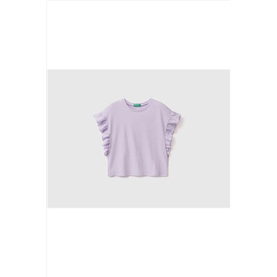 United Colors of BenettonKız Çocuk Lila Keten Karışımlı Kolu Fırfırlı T-shirt Lacivert