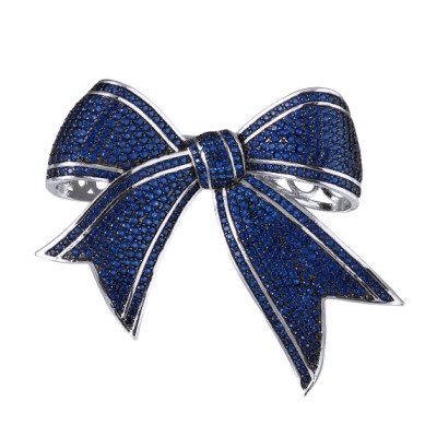 Брошь Бант (фианит синий; покрытие родий)