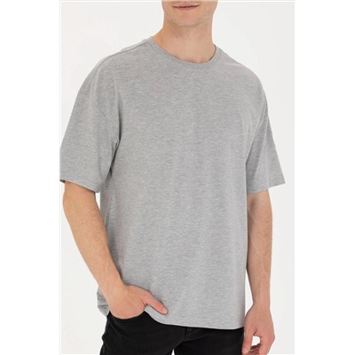 Erkek Gri Melanj Comfort Long Bisiklet Yaka Tişört