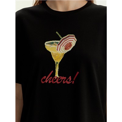 Трикотажная футболка со спущенным плечом, B2786/cheers black