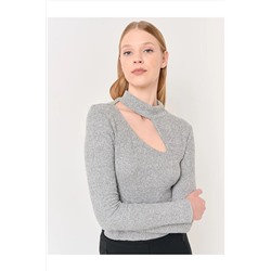 Jimmy Key Gri Melanj Uzun Kollu Yaka Detaylı Bluz 23WB079103