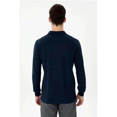 Erkek Lacivert Polo Yaka Basic Sweatshirt