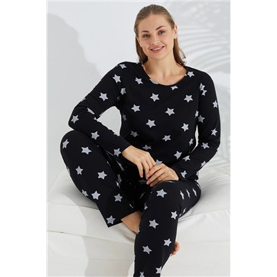 Siyah İnci siyah beyaz yıldız desenli Curve Büyük Beden Battal boy Pamuklu Pijama Takımı 7683