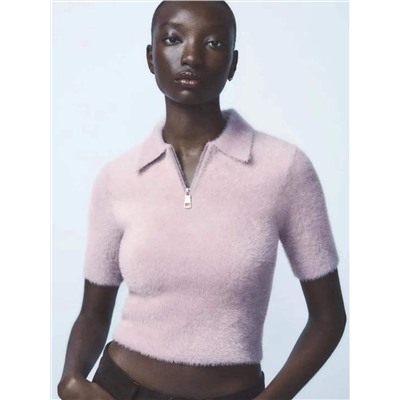 Женский мягкий укороченный пуловер из пушистой пряжи с короткими рукавами и молнией ЗАР*А