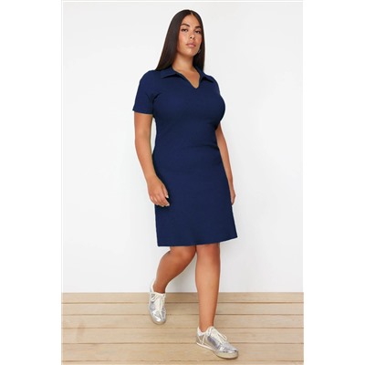 Trendyol Curve Lacivert  Polo Yaka Kaşkorse Midi Örme Büyük Beden Elbise TBBSS24AH00078