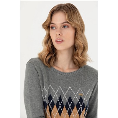 Kadın Gri Melanj Bisiklet Yaka Kazak