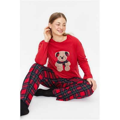 Trendyol Curve Kırmızı Ayıcık Desenli Ekose-Kareli Örme Pijama Takımı TBBAW24AI00035