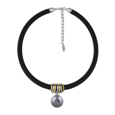 Колье Гевея (Майорка 16мм серо-голубая, каучук черный; покрытие родий) 40-45см, Есть комплект