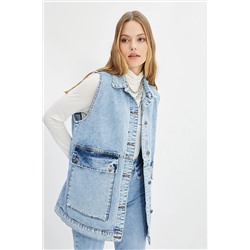 TRENDYOL MODEST Indigo Gömlek Yaka Cep Detaylı %100 Pamuk Denim Yelek Ceket TCTAW22CK0006
