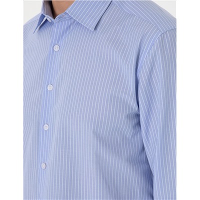 Açık Mavi Slim Fit Çizgili Uzun Kollu Gömlek