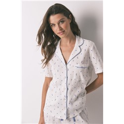 Pijama camisero algodón flores blanco
