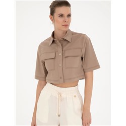 Bej Crop Top Kısa Kollu Gömlek